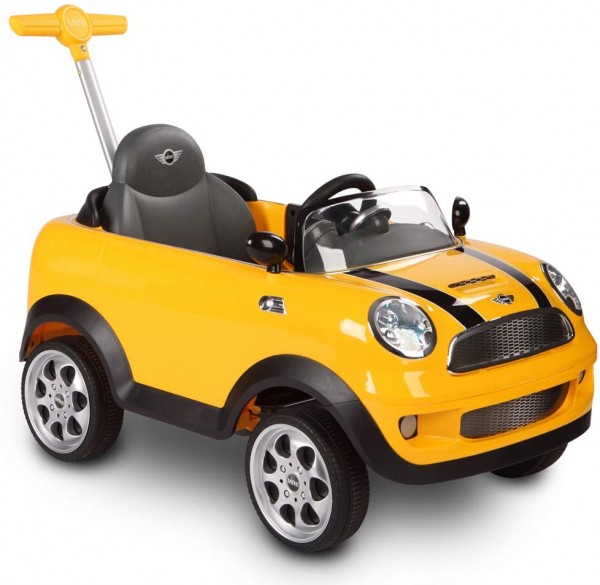 ROLLPLAY 42583 MINI Cooper, Gelb - Push Car mit ausziehbarer Fußstütze, Kinder ab 1 Jahr, bis 20kg